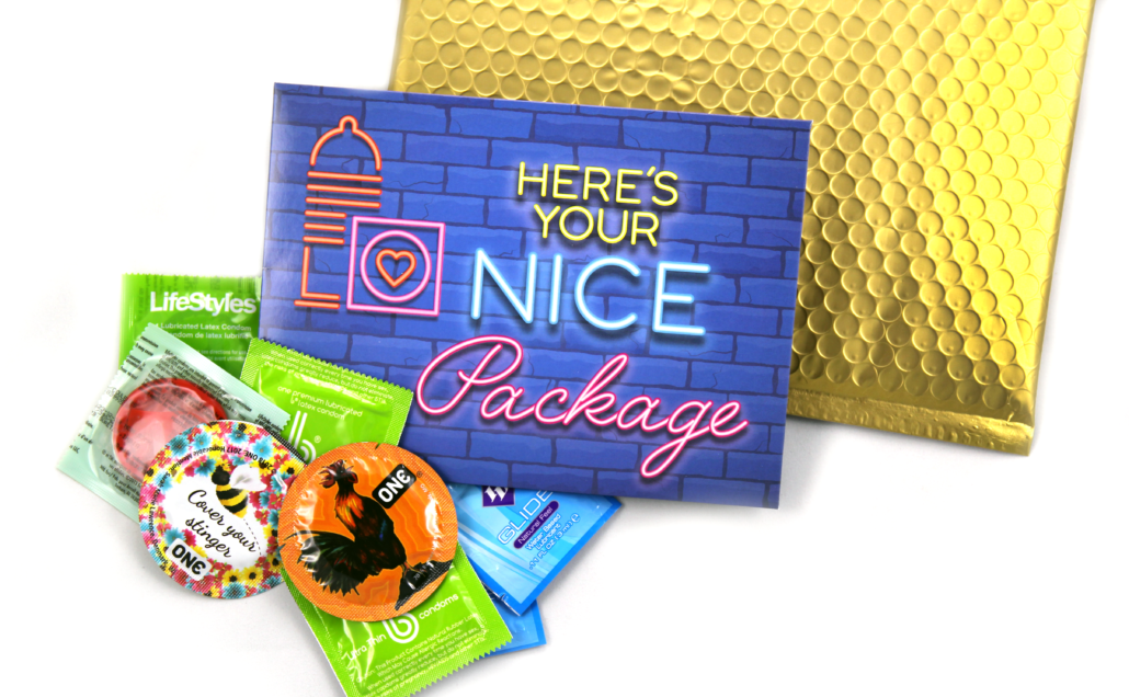 Image of condoms and lubes with the discrete mailing package
